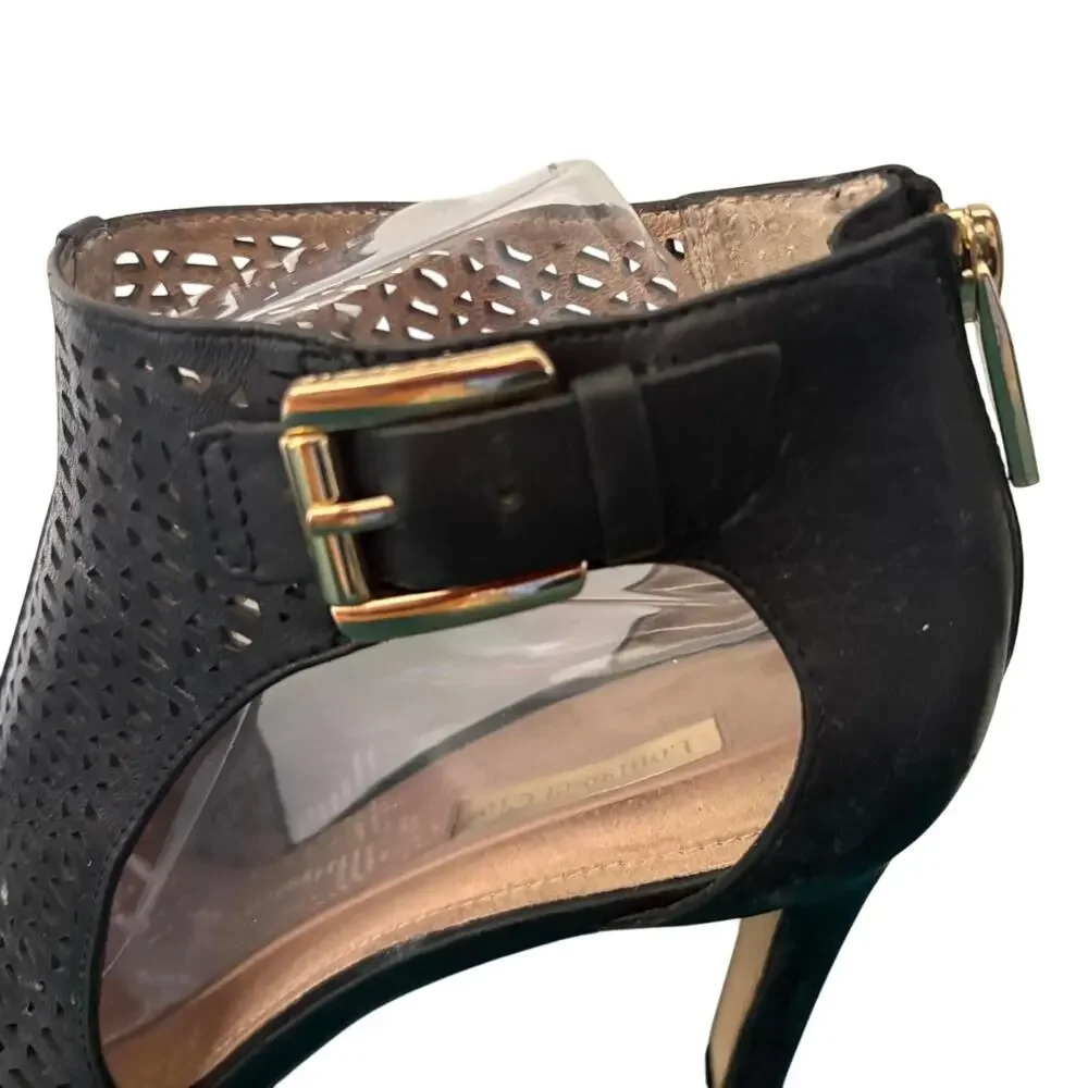 Louise et Cie Olivia Black Leather Perforated Peep Toe Buckle Heels Sandals